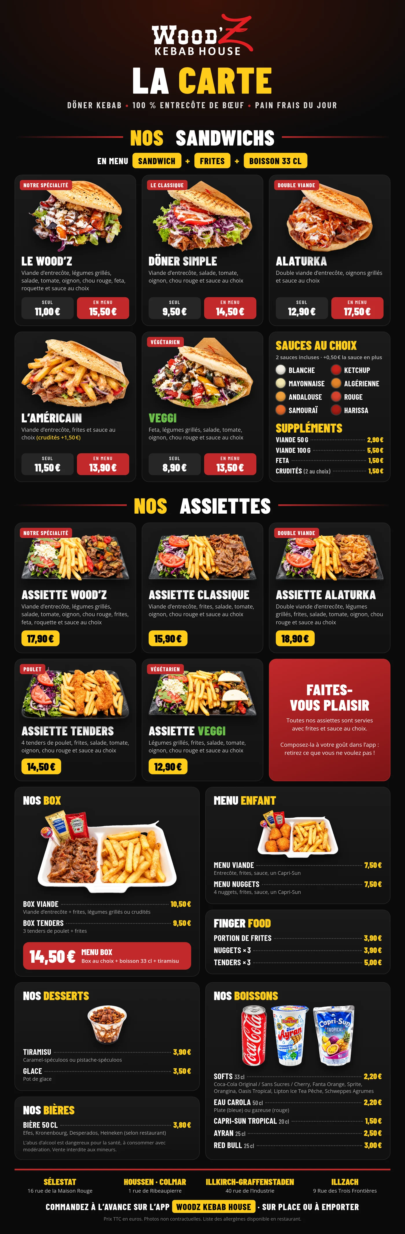 La carte WoodZ Kebab House