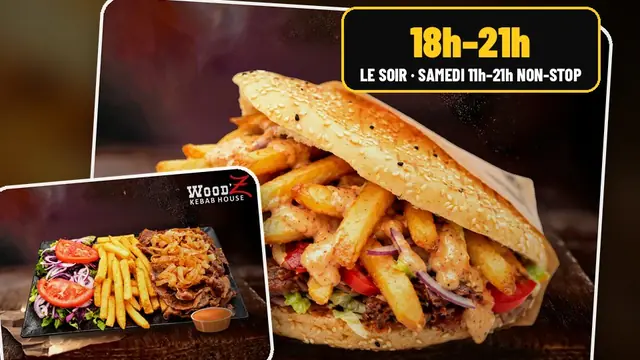 Façade du WoodZ Kebab House d'Illkirch éclairée en soirée, rue de l'Industrie