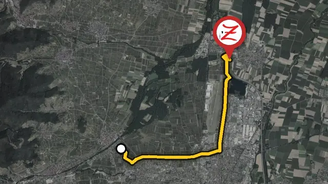 Vue aérienne du trajet en voiture entre Ingersheim et le WoodZ Kebab House de Houssen