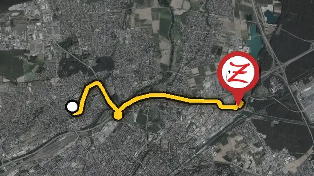 Carte du trajet entre Bourtzwiller, au nord de Mulhouse, et le WoodZ Kebab House d'Illzach