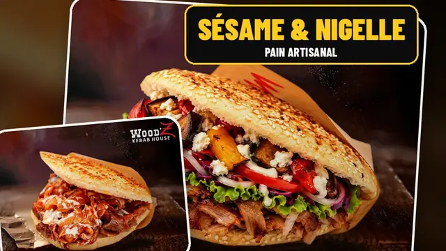 Pain artisanal au sésame et à la nigelle garni d'entrecôte, de légumes grillés et de crudités