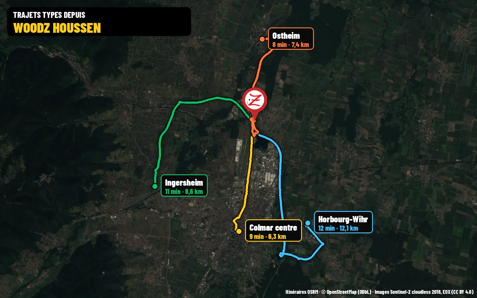 Carte des trajets types depuis le WoodZ Kebab House de Houssen